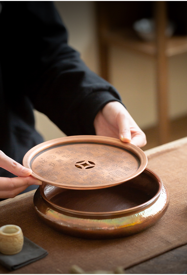 Antique copper pot bearing tea tray are it foster pot pot base hand made hammer dry mercifully tea cups to wash