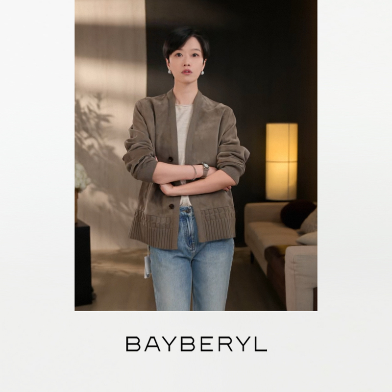 Bayberyl Old Beige Sand Camel Color Lazy Hong Kong Style V-Neck Vintage Oversized Knit Patchwork Jacket Leather Coat