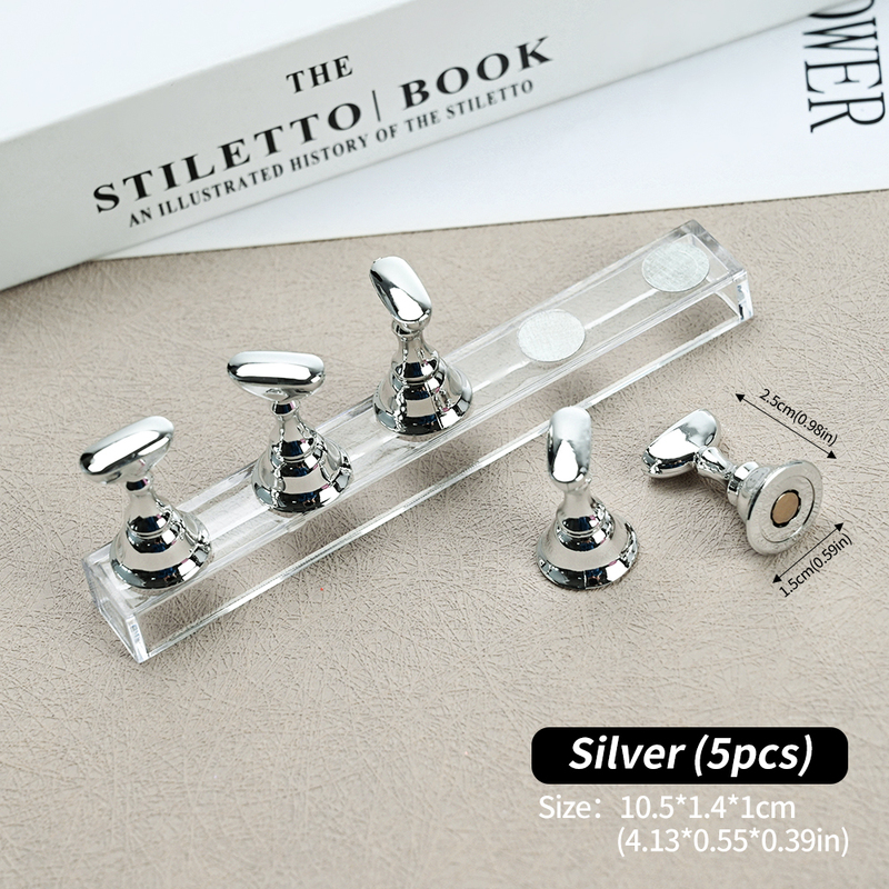 5 Magnetic Nail Display Stands, Gold and Silver Acrylic Fake Nail Stands, Nail Artist Training Painting Display Props