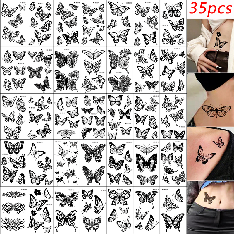 35 Sketch Butterfly Tattoo Stickers High-End Black Scar Covering Arm Collarbone Fresh Temporary Tattoo Stickers Waterproof