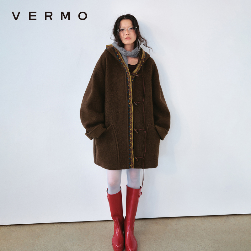 Vermo Lightweight, Warm, Flexible and Stylish Alpaca Wool Blend Retro Jacquard Double-Sided Wool Hooded Jacket