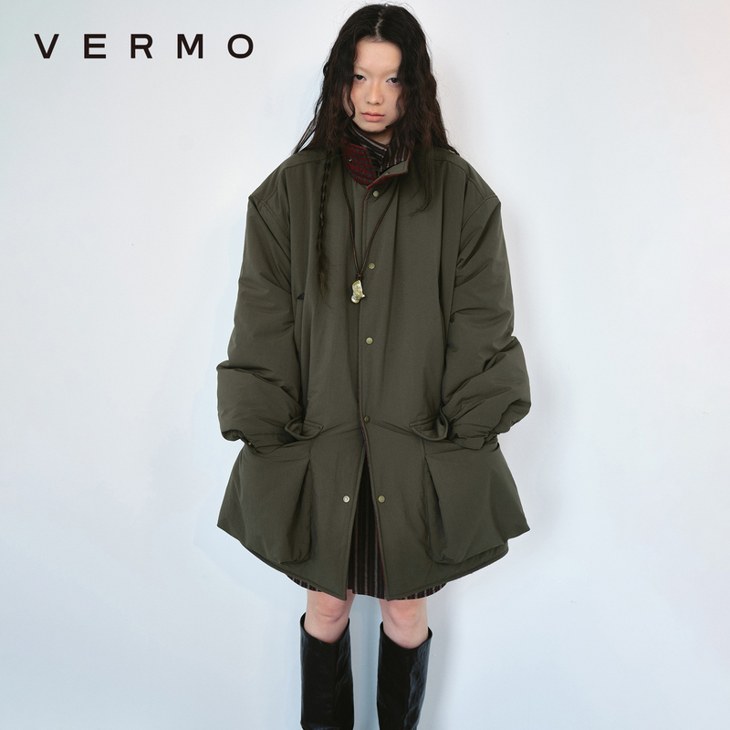 Vermo Retro Color Windproof Inner Wool Cotton Three-Dimensional Pocket Stand Collar Loose Cotton Jacket Coat