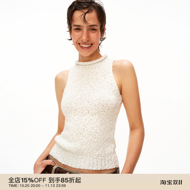 Puki Textured Half-High Collar Rolled Edge Sleeveless Vest, Vintage Cotton Thick Knit Slim Fit Top
