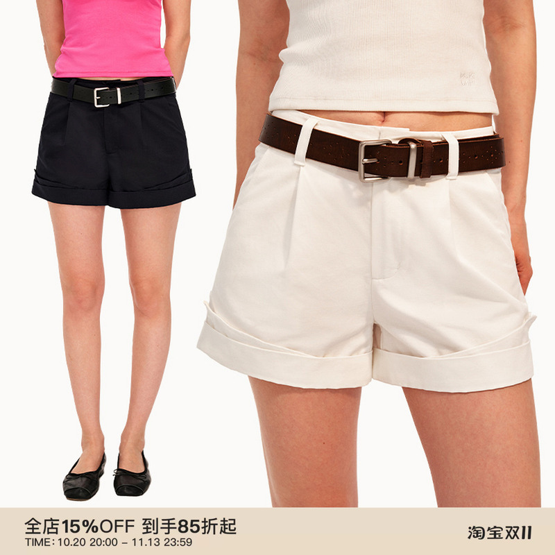 Puki Rolled Hem A-Line Loose Shorts Basic Casual Pleated Versatile Shorts