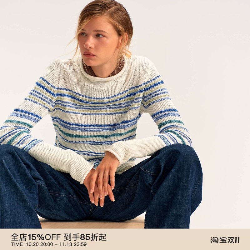 Puki 55% Linen Half Turtleneck Rolled Hem Sweater Retro Cotton and Linen Color-Blocked Striped Slim-Fit Top Puki 55% Linen Half Turtleneck Rolled Hem Sweater Retro Cotton and Linen Color-Blocked Striped Slim-Fit Top