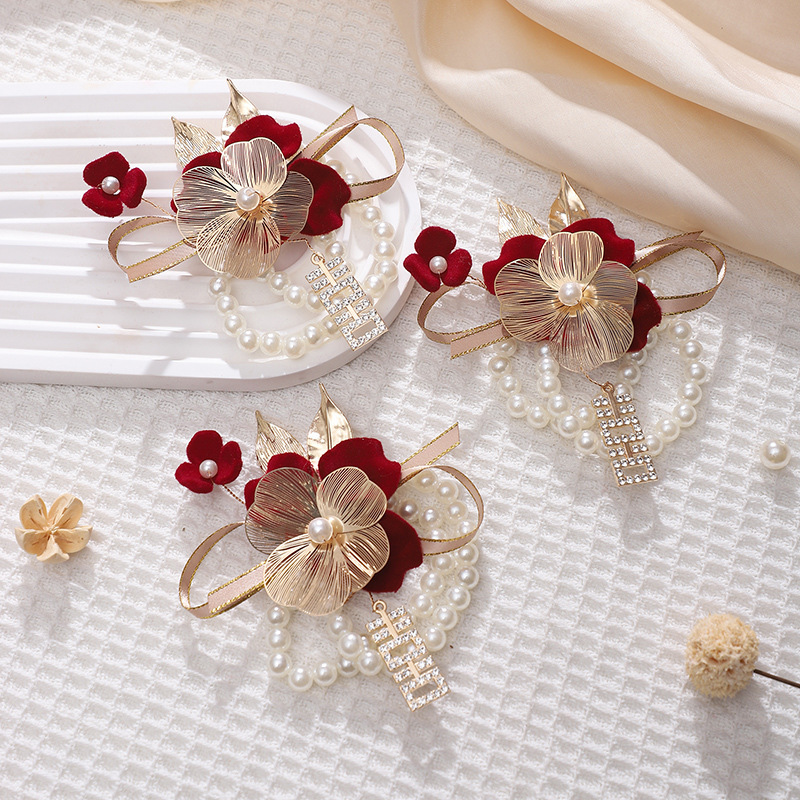Wedding Bridesmaid Wrist Flower, Super Fairy-Like New Chinese Style Velvet Bride Wrist Flower, Wedding Sister Group Bracelet Flower, Hand Flower