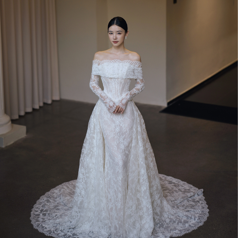 French-Style Off-The-Shoulder Lace Light Wedding Dress with Long Sleeves, Vintage Bridal Gown with a Stunning Small Train for Welcoming Guests and Leaving the Ceremony