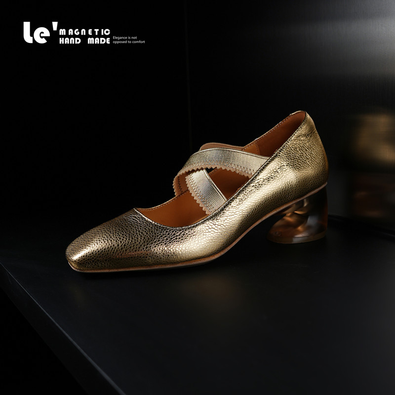 Le'Magnetic Original Thick-Heeled Fashionable Square-Toe Granny Shoes Fashion Women's Flats Genuine Leather Sole Mary Jane Shoes