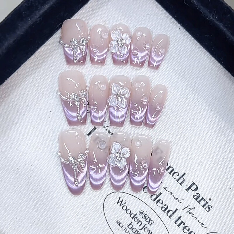 New Style Purple Ice Flower Zircon Hand-Carved Cat's Eye Nail Art Patch, Purely Handmade