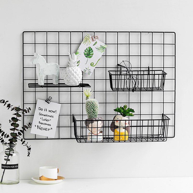 Grid photo wall decoration ins wrought iron room wall supermarket shop home storage shelf hanging basket tray