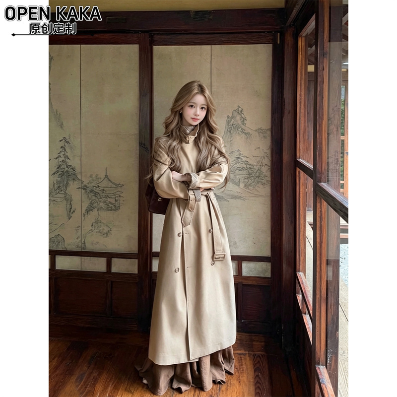 [Paris Edition] Classic Retro Khaki Color Straight-Shoulder Stand-Collar Trench Coat for Women, Mid-Length Over-The-Knee Coat for Autumn