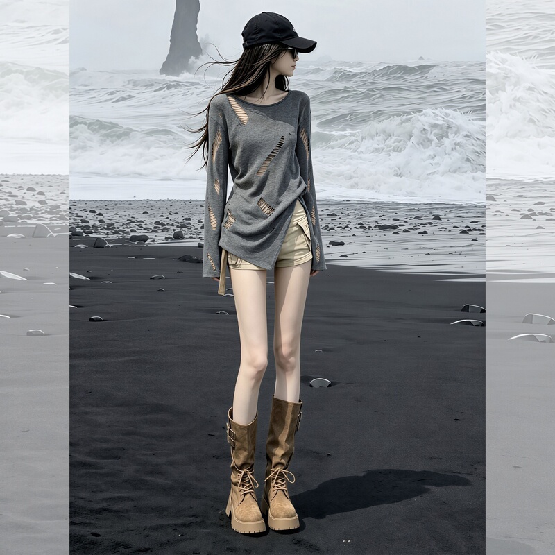 Gray Slim-Fit Hollow-Out Long-Sleeve T-Shirt for Women, 2026 Autumn, Unique Niche, Super Popular, Age-Reducing, Atmospheric Early Autumn Top