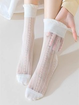 Boneless Socks Womens Mid-Tube Socks Girls Pile Socks JK Milky White Dark Flower Hollow Mesh Summer Thin Style