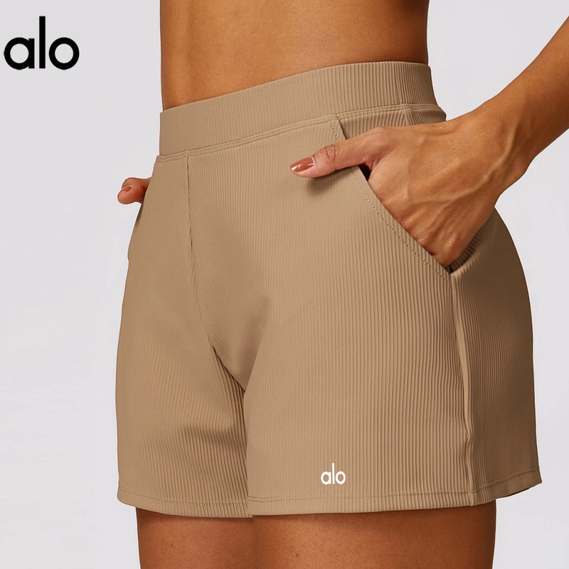 Alo Yoga American-Style Ribbed Yoga Shorts for Women, Elastic Waist, Summer Running Sports Pants, Fitness Training Three-Quarter Pants