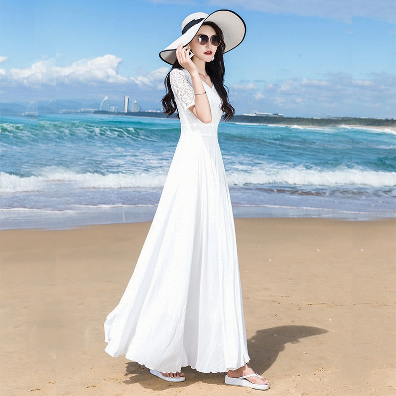 Flared Skirt V-Neck Dress for Women Summer 2026 New Lace and Chiffon Beach Dress Plus Size Slimming Vacation Long Dress