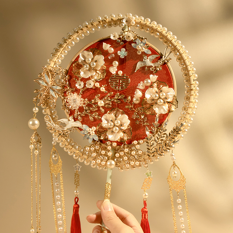 Chinese wedding bride happy fan champagne fan show and fan-touted diy material bag red little red book-Taobao