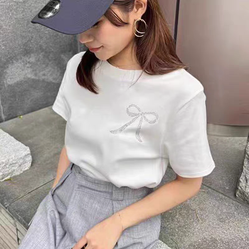 Special Offer 2025 Summer Versatile Women's Clothing Japanese Style Simple Sweet Rhinestone Flower Bow Short-Sleeve T-Shirt for Women