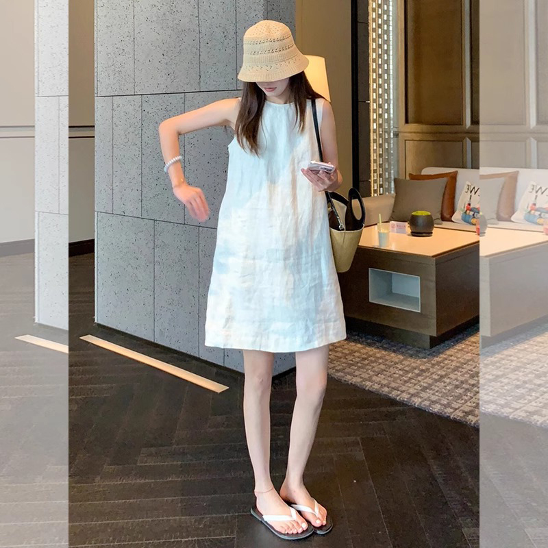 Resort Style White Cotton and Linen Dress for Women, New Autumn and Winter Loose Straight Sleeveless Vest Dress, Linen One-Piece Short Skirt