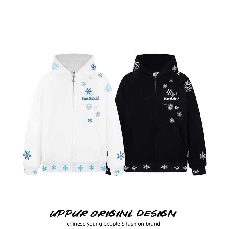 Uppur American Retro Cartoon Style Snowflake Hooded Cardigan Thin Sweatshirt Jacket for Men and Women Loose Zipper Jacket Uppur American Retro Cartoon Style Snowflake Hooded Cardigan Thin Sweatshirt Jacket for Men and Women Loose Zipper Jacket