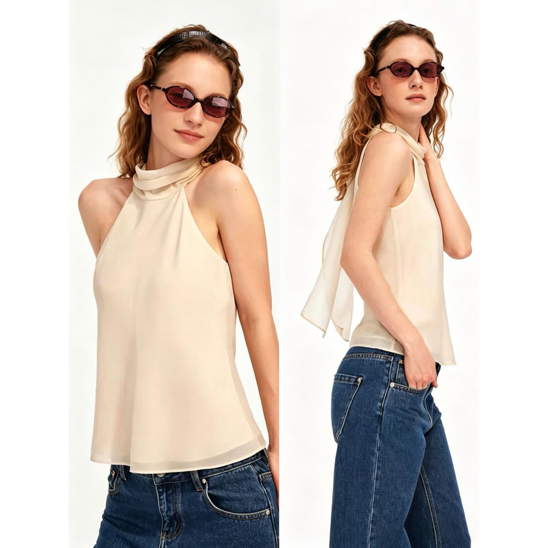 Silk Acetate Lightweight Halter Neck Sleeveless Tank Top with Tie for a Slimming Effect