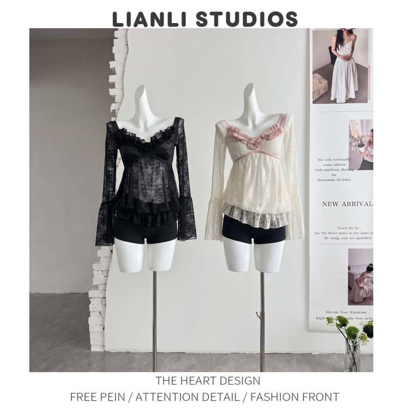 Lianlistudio Ruffled Square Neck Lace Top for Women, Sheer Flared Sleeve Babydoll Blouse, Pure Desire Long Sleeve Cover-Up