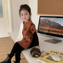Girls casual letter color-blocked zipper cape 2024 spring new style childrens personalized fashionable vest top