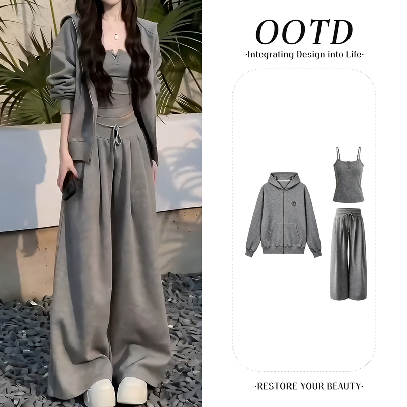 2026 Spring and Autumn New Style Lazy Style Loose Hooded Sweatshirt with Straps, Fashionable and Versatile Wide-Leg Pants Three-Piece Set 2026 Spring and Autumn New Style Lazy Style Loose Hooded Sweatshirt with Straps, Fashionable and Versatile Wide-Leg Pants Three-Piece Set