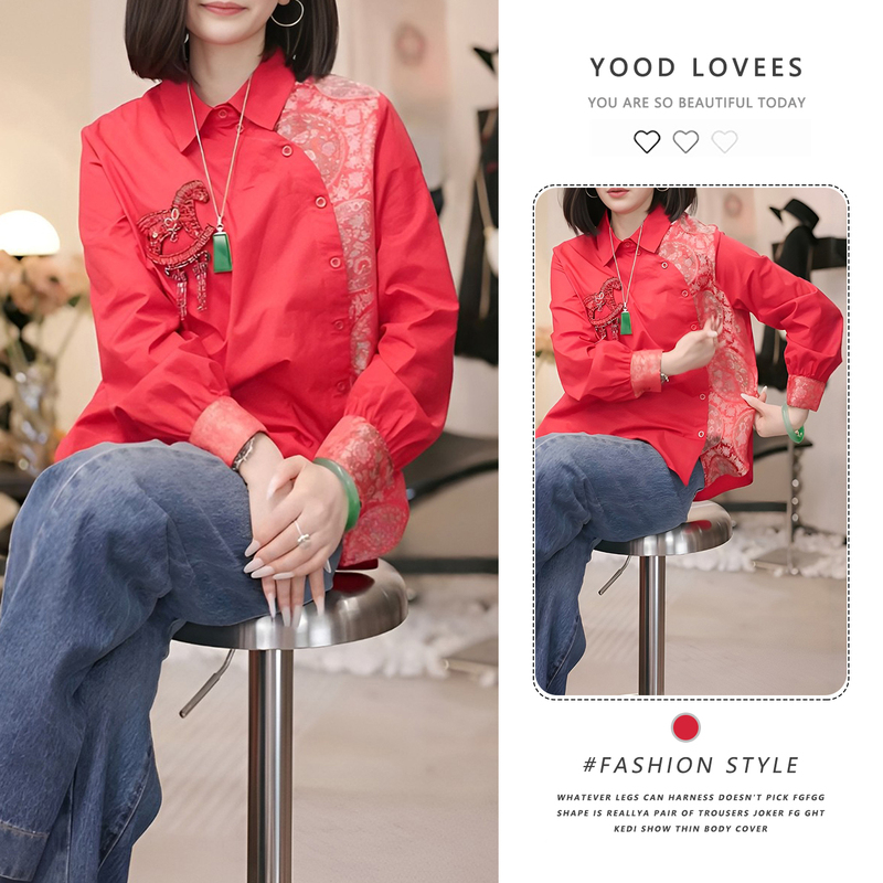 New Chinese-Style Design Beaded Pony Jacquard Shirt for Women 2026 Spring and Autumn New Fashion Unique Heavy-Duty Top