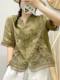 Retro ramie embroidery shirt women's summer organza stitching mid-sleeved shirt slim V-neck high-end temperament small shirt