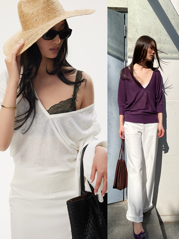 Self-Ideology Independent Designer Brand Large V-Neck Batwing Sleeve Slightly Sheer Linen Thin Knit Sweater