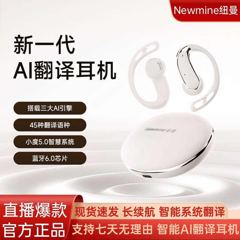 Newmine M17翻訳イヤホン、多言語対応、イヤーフックデザインとAI機能を搭載した新しいBluetooth翻訳イヤホン。