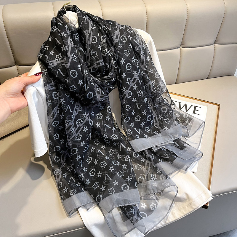 Lv5&Vv20 Silk Scarf for Women, Long Chiffon Scarf, Versatile Scarf for Tying Bags, Monogrammed Fashion Shawl, Sun Protection Beach Scarf