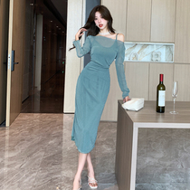 Actual shot of early autumn fashion suit French-style mesh slimming blouse high-waisted suspender dress two-piece set