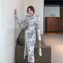 Slim Fit 2022 Autumn Celebrity Print Slim Improved Lace Slit Long Sleeve Velvet Cheongsam Dress