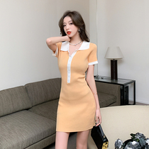 Real shot and real price hot girl buttoned contrast polo collar knitted short-sleeved dress high waist slim stretch hip skirt
