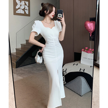 Real shot of temperament goddess homemade short-sleeved dress summer new tight slimming hip-hugging slit long skirt