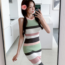 Summer new style ladylike round neck sleeveless contrast striped versatile mid-length knitted hip dress