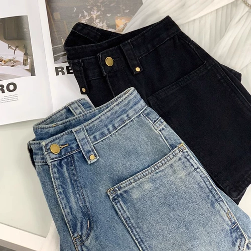 Джинсовая юбка, шорты, тонкие ретро штаны, для формы тела «груша», большой размер, по фигуре, высокая талия, свободный крой