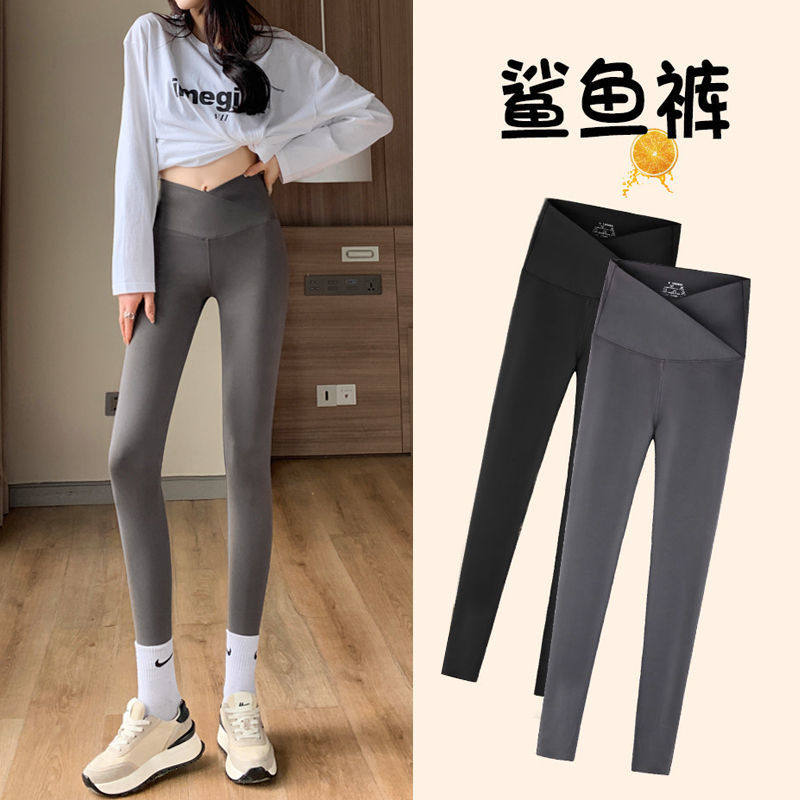 Gush cross waist shark fish leather beating bottom pants woman outside wearing spring and autumn winter style harvest with hip and thin legs thickened Barbie pants-Taobao