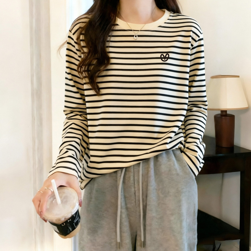 Striped Alignment】Striped Long-Sleeve T-Shirt for Women 2026 New Style Combed Cotton Round Neck Base Layer Top for Autumn Striped Alignment】Striped Long-Sleeve T-Shirt for Women 2026 New Style Combed Cotton Round Neck Base Layer Top for Autumn