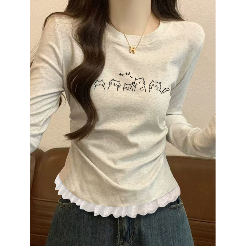 Early Autumn New Design Lace-Trimmed Long-Sleeve Base Shirt for Women 2025 Slim-Fit Round Neck Regular Shoulder Unique and Beautiful Top