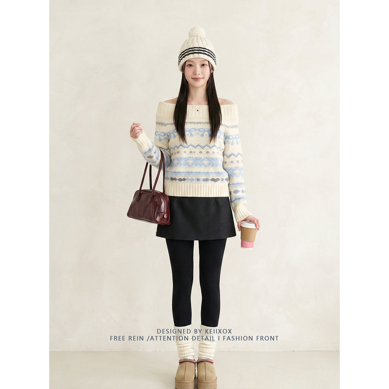 Fair Isle Retro Jacquard Sweater for Women, New Autumn and Winter Style, Pure Desire Style, Off-Shoulder, Loose Fit, Slimming, Long-Sleeve Top