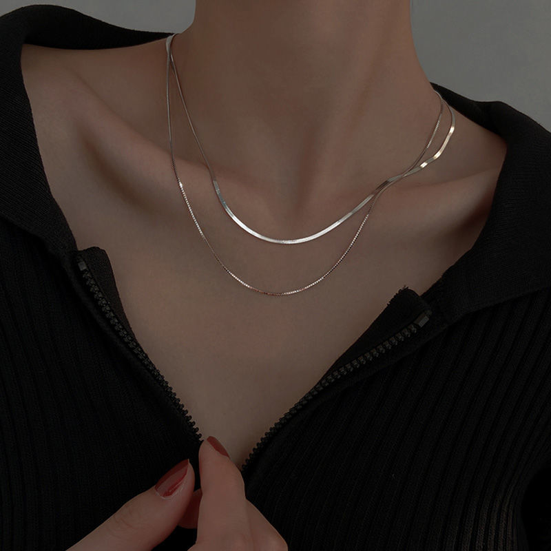 Necklace Woman Silver Cool s925 Silver Flat Snake Bone Blade Chain Double Necklace Women 2021 New Tidal Temperament Korean Version Short 