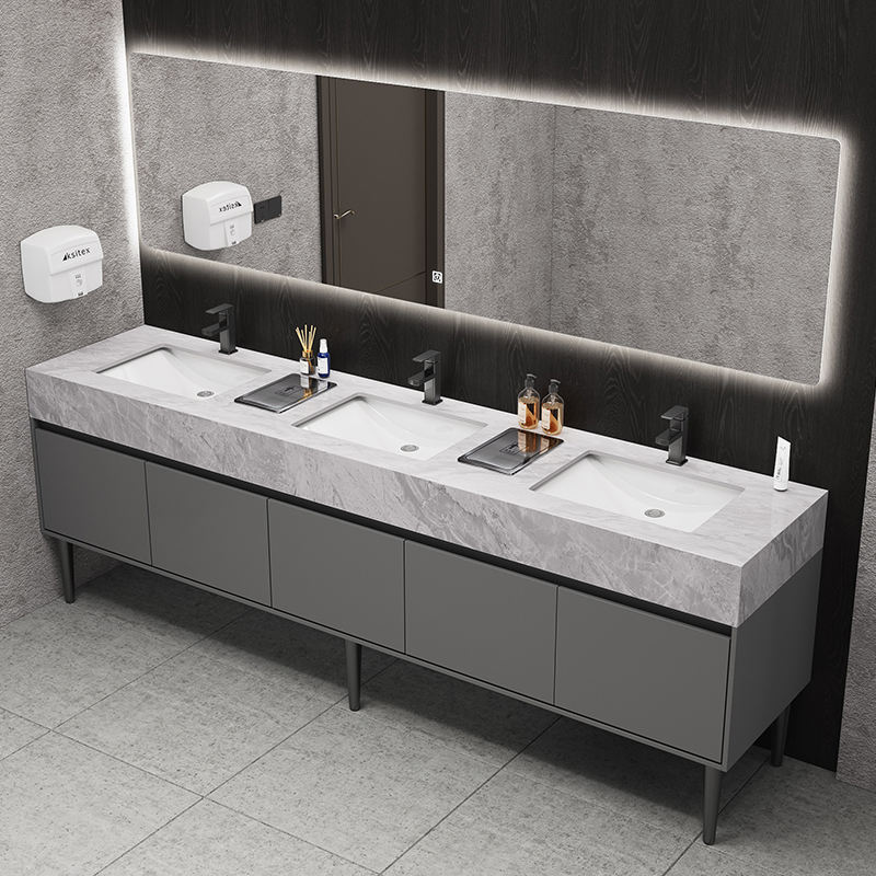Simple Public Bathroom Marble Double Basin Floor-Standing Bathroom Cabinet Combination Smart Hand Wash Basin Cabinet Set
