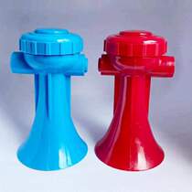 Trainer whistle loudspeaker competition go upstairs to cheer trumpet and give orders. The referee holds the fans hand to press the trumpet of the equipment.