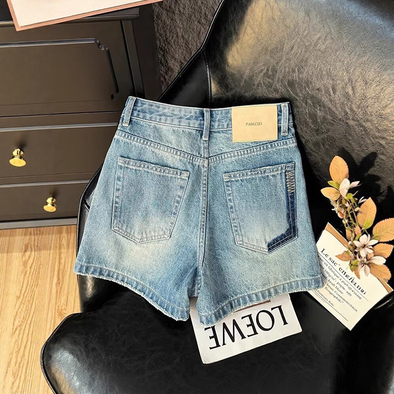 Retro Blue Shorts for Women, New Summer Style, Plus Size, Slimming, Trendy This Year, Loose and Versatile Ripped Jeans