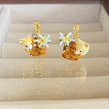 Handmade enamel caring for small animals series arctic fox and edelweiss open gemstone ring