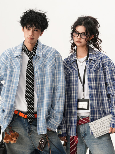 Blue Youthful Plaid Shirt Jacket for Men and Women, Autumn Trendy American Casual Long-Sleeved Cuban Collar Couple Shirt