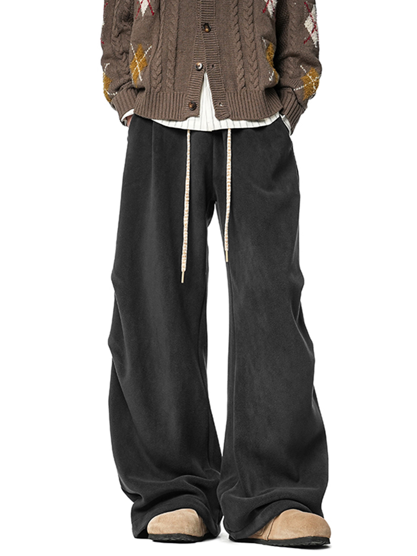 American-Style Heavyweight Fleece-Lined Pleated Paratrooper Sweatpants for Men, New Winter Loose Drape Fleece-Lined Wide-Leg Casual Pants