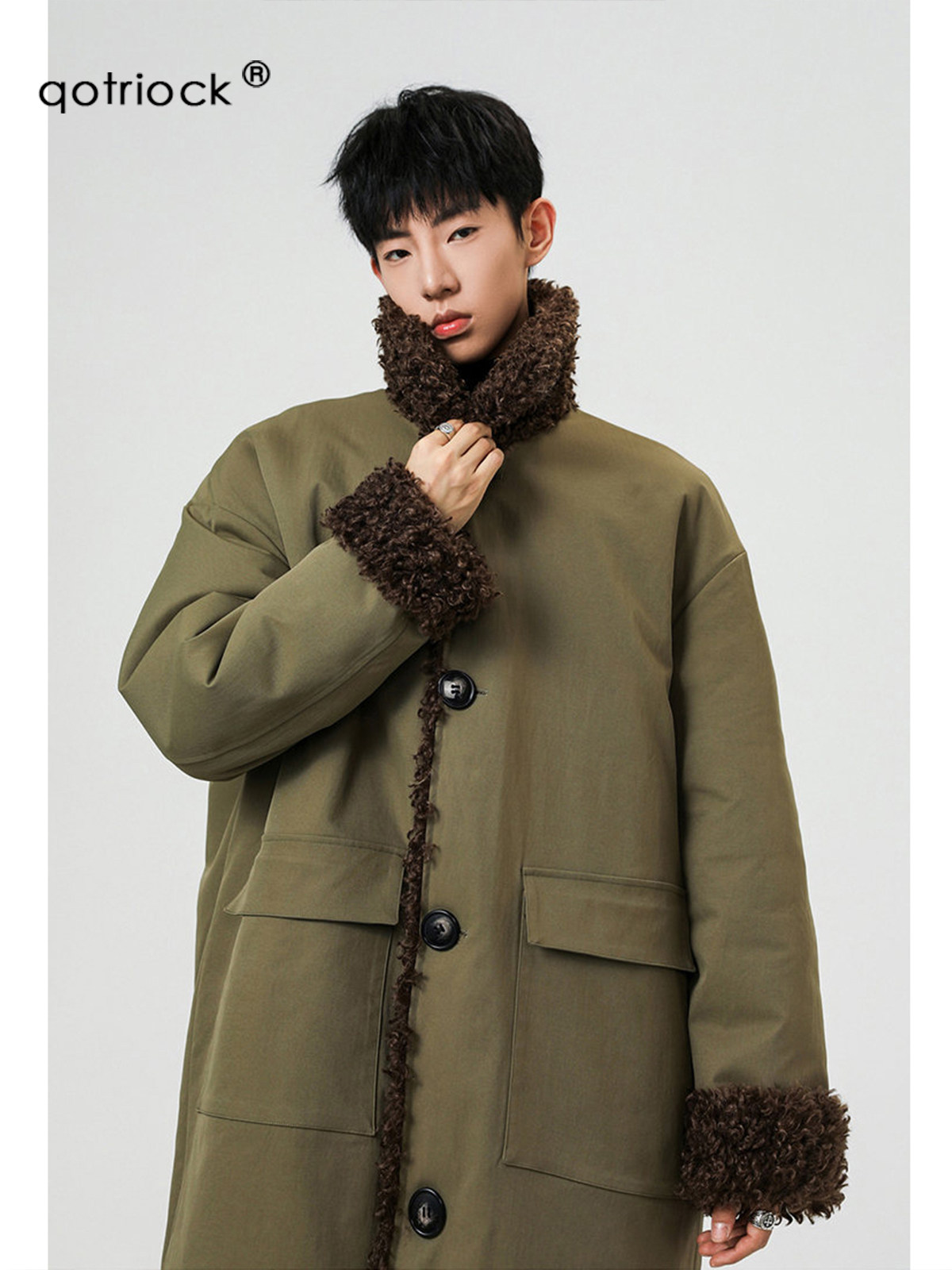 Retro Army Green Imitation Lamb Wool Lapel Cotton Coat for Men and Women, Winter Trendy Heavy Loose Thickeneded Long Warm Coat